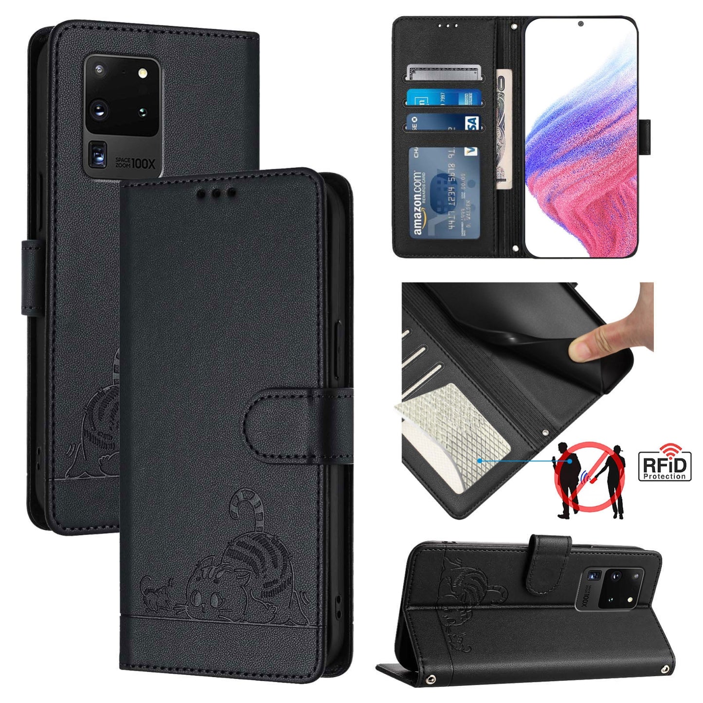 Samsung Galaxy Note 20 Ultra Leather Phone Case with Cat and Rat Embossed Pattern, RFID Protection, Card Holder Slots, Anti-fall Feature & Lanyard