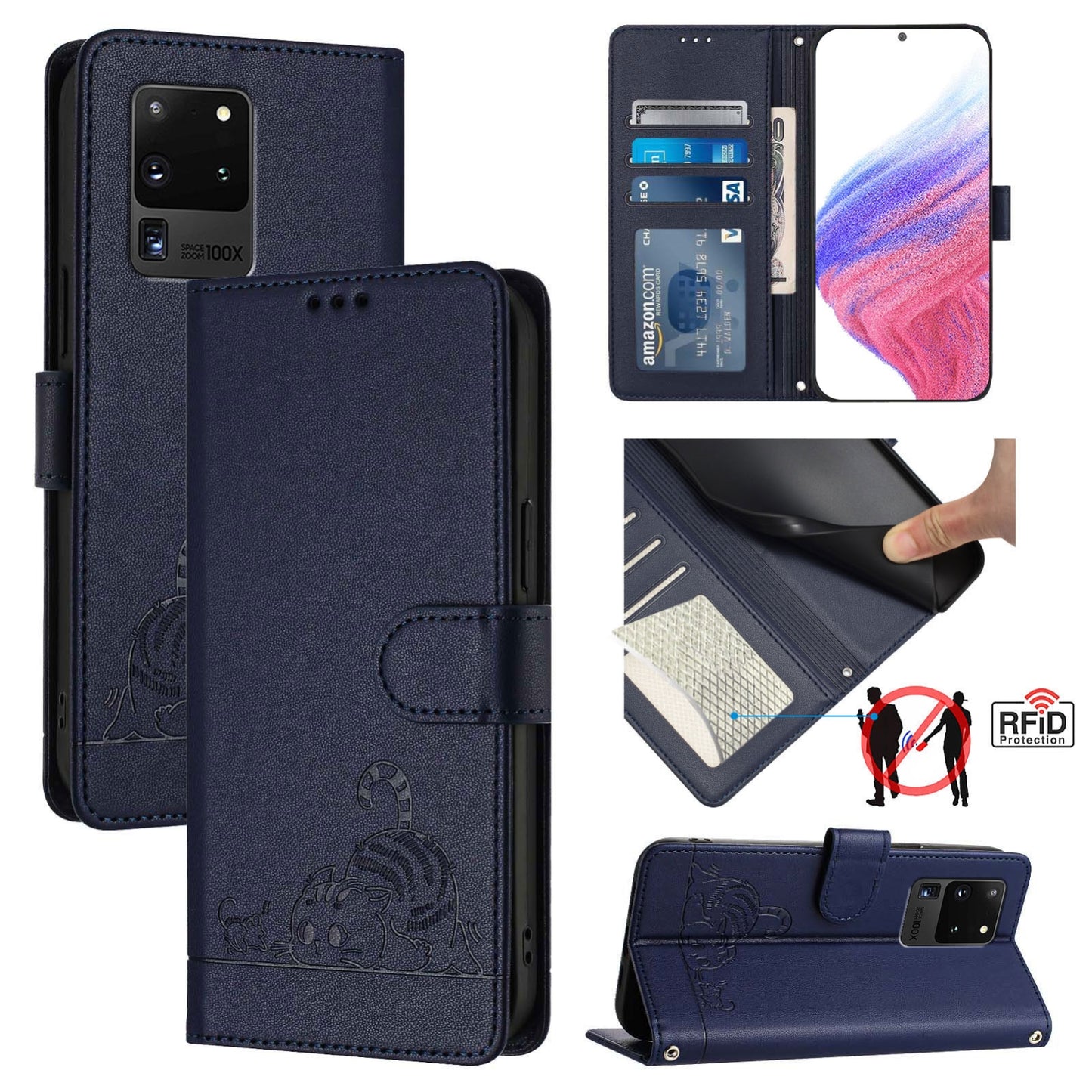Samsung Galaxy Note 20 Ultra Leather Phone Case with Cat and Rat Embossed Pattern, RFID Protection, Card Holder Slots, Anti-fall Feature & Lanyard