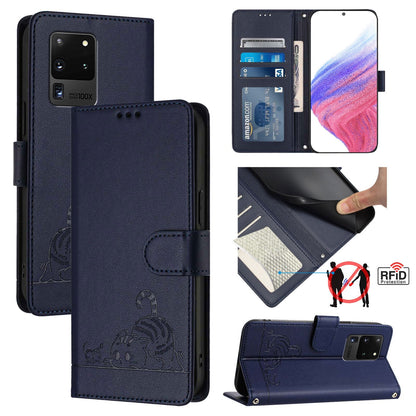 Samsung Galaxy Note 20 Ultra Leather Phone Case with Cat and Rat Embossed Pattern, RFID Protection, Card Holder Slots, Anti-fall Feature & Lanyard