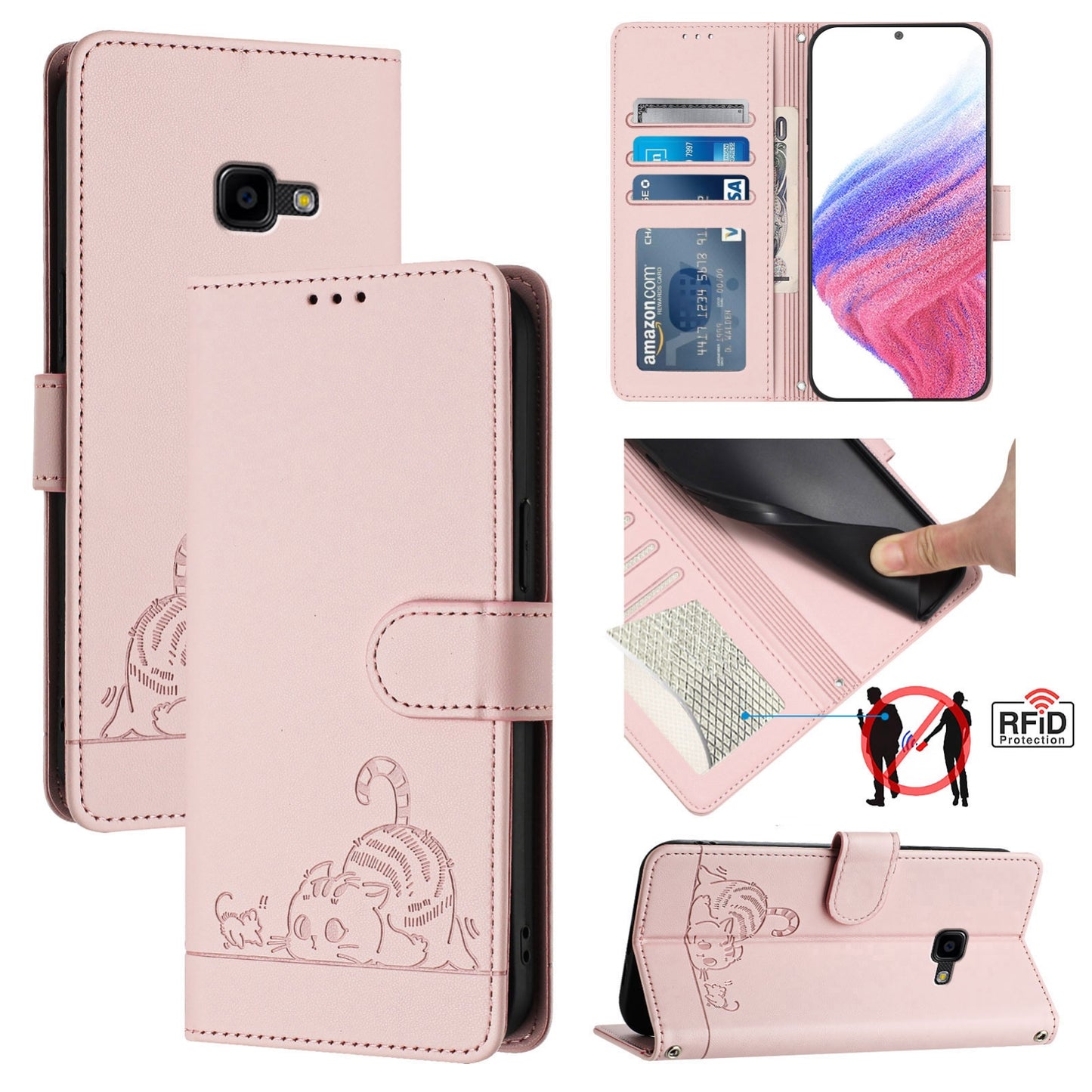Samsung Galaxy Xcover 4s Leather Phone Case with Cat and Rat Embossed Pattern, RFID Protection, Card Holder Slots, Anti-fall Feature & Lanyard