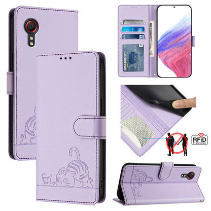 Samsung Galaxy Xcover 5 Leather Phone Case with Cat and Rat Embossed Pattern, RFID Protection, Card Holder Slots, Anti-fall Feature & Lanyard