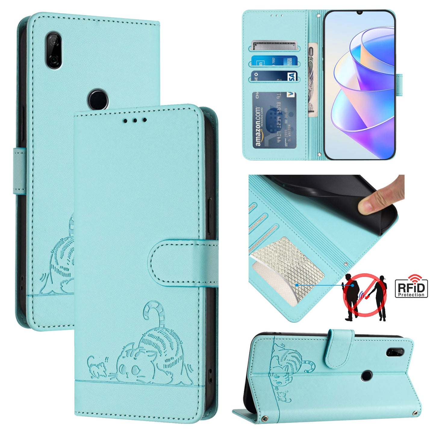 Honor 9X 4G Global Leather Phone Case with Cat and Rat Embossed Pattern, RFID Protection, Card Holder Slots, Anti-fall Feature & Lanyard