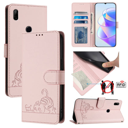 Honor 9X 4G Global Leather Phone Case with Cat and Rat Embossed Pattern, RFID Protection, Card Holder Slots, Anti-fall Feature & Lanyard