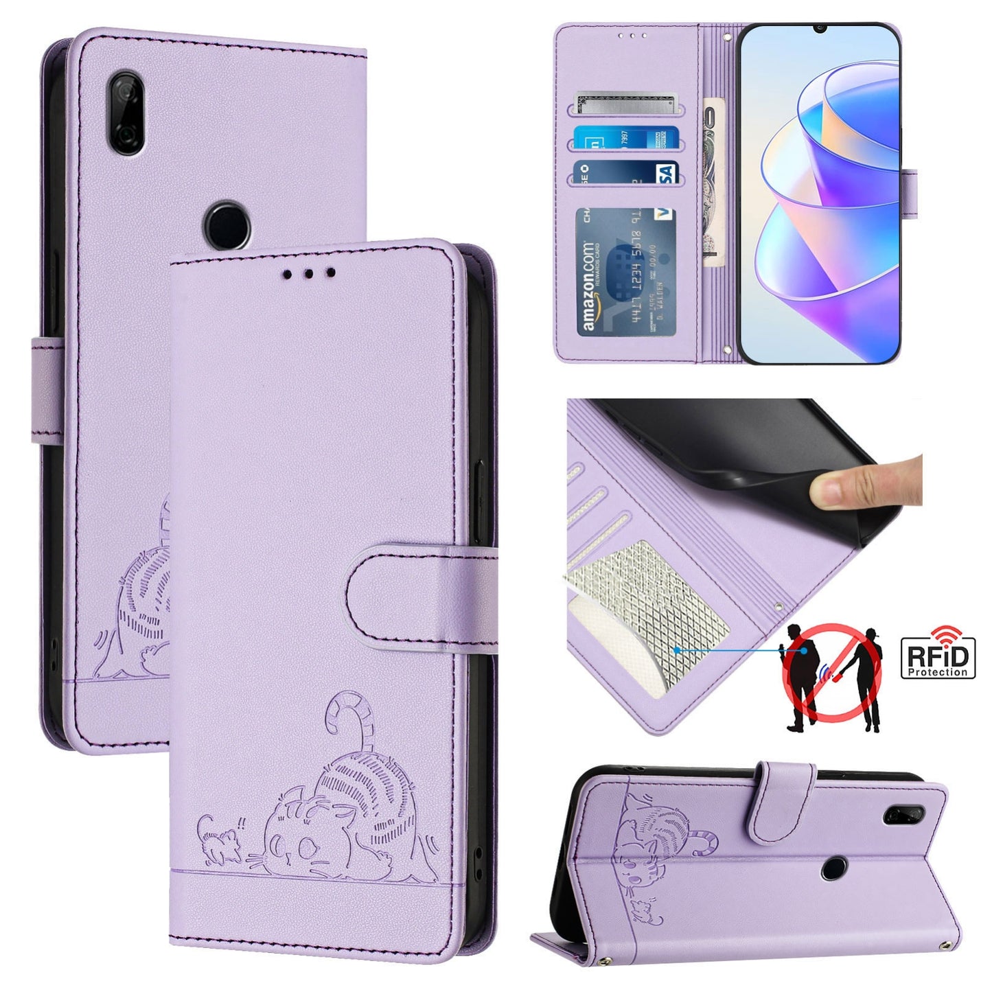 Honor 9X 4G Global Leather Phone Case with Cat and Rat Embossed Pattern, RFID Protection, Card Holder Slots, Anti-fall Feature & Lanyard