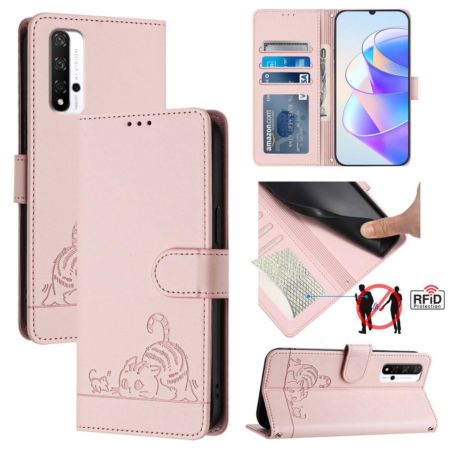 Honor 20 Pro 4G Leather Phone Case with Cat and Rat Embossed Pattern, RFID Protection, Card Holder Slots, Anti-fall Feature & Lanyard