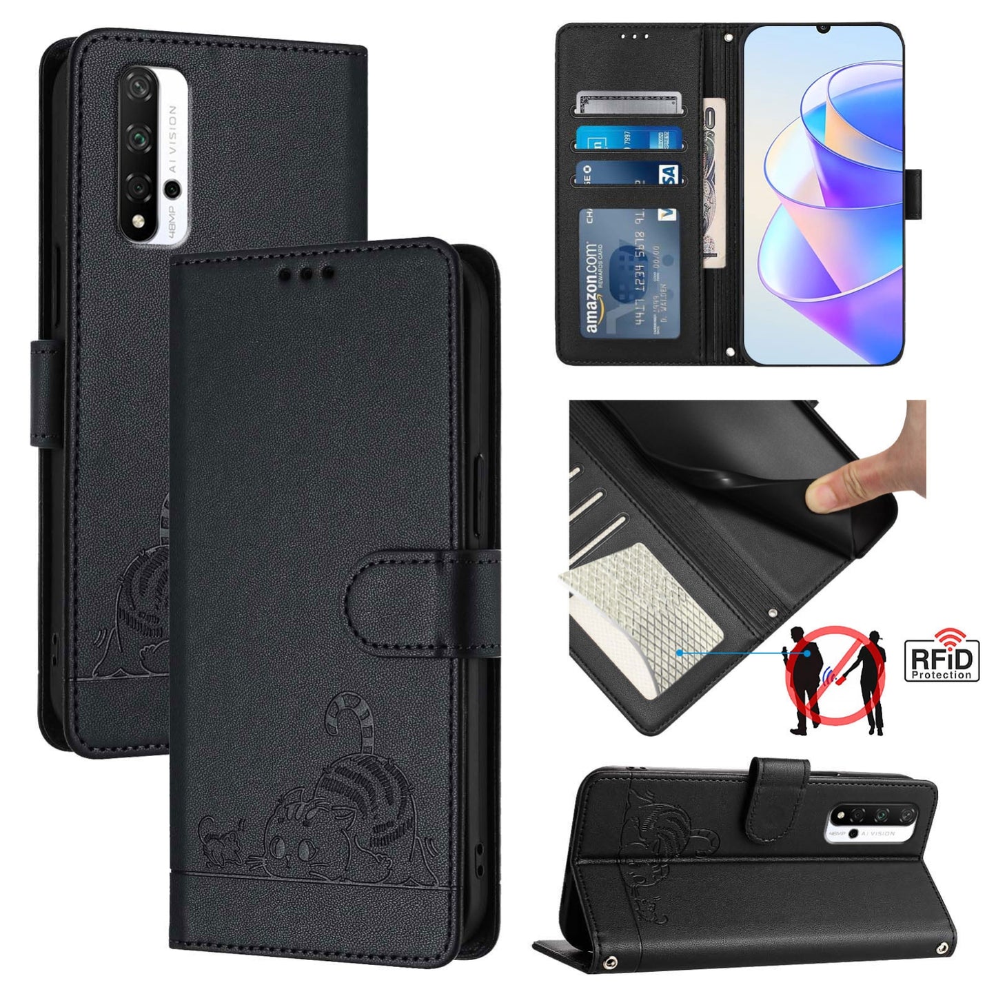 Honor 20 4G Leather Phone Case with Cat and Rat Embossed Pattern, RFID Protection, Card Holder Slots, Anti-fall Feature & Lanyard