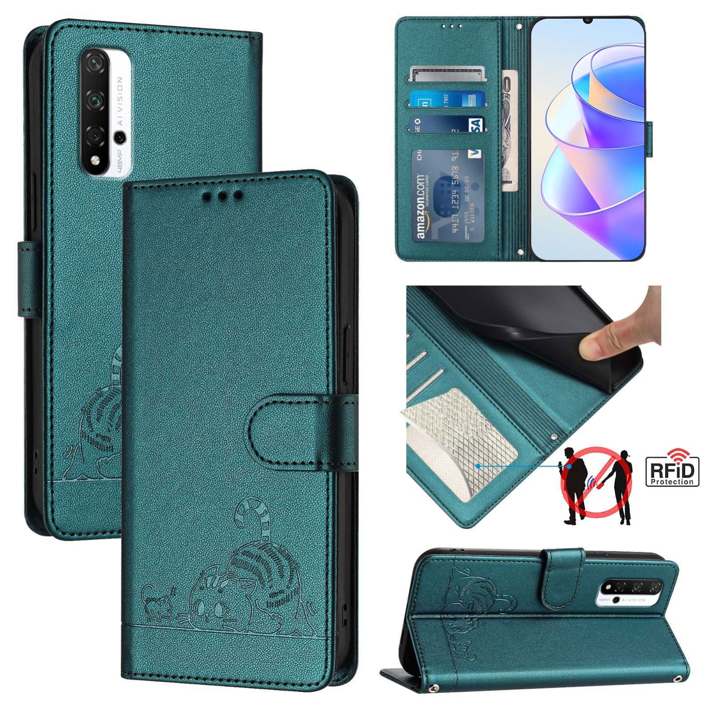 Honor 20 4G Leather Phone Case with Cat and Rat Embossed Pattern, RFID Protection, Card Holder Slots, Anti-fall Feature & Lanyard