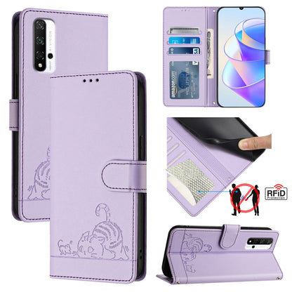 Honor 20 4G Leather Phone Case with Cat and Rat Embossed Pattern, RFID Protection, Card Holder Slots, Anti-fall Feature & Lanyard