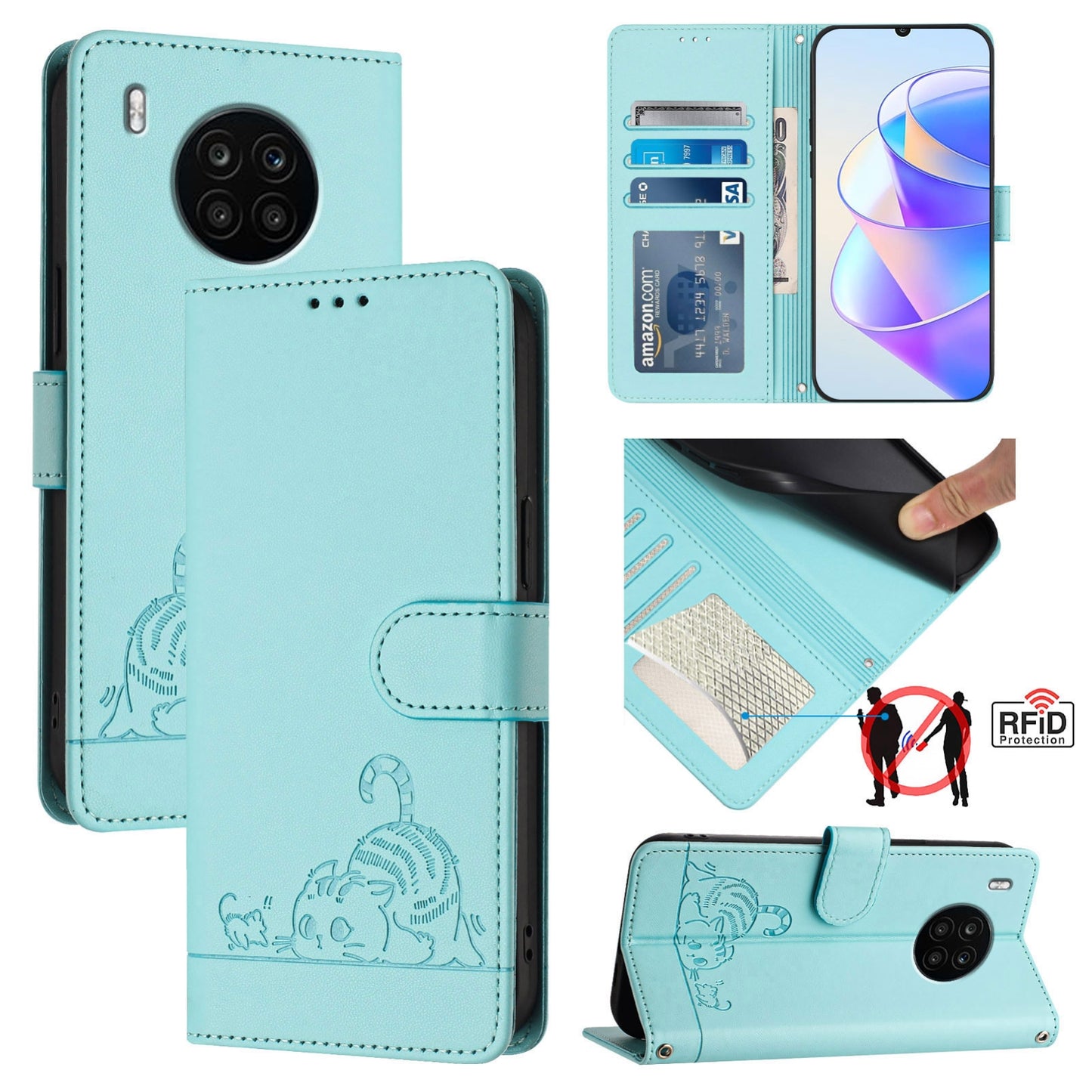 Honor 50 Lite Leather Phone Case with Cat and Rat Embossed Pattern, RFID Protection, Card Holder Slots, Anti-fall Feature & Lanyard
