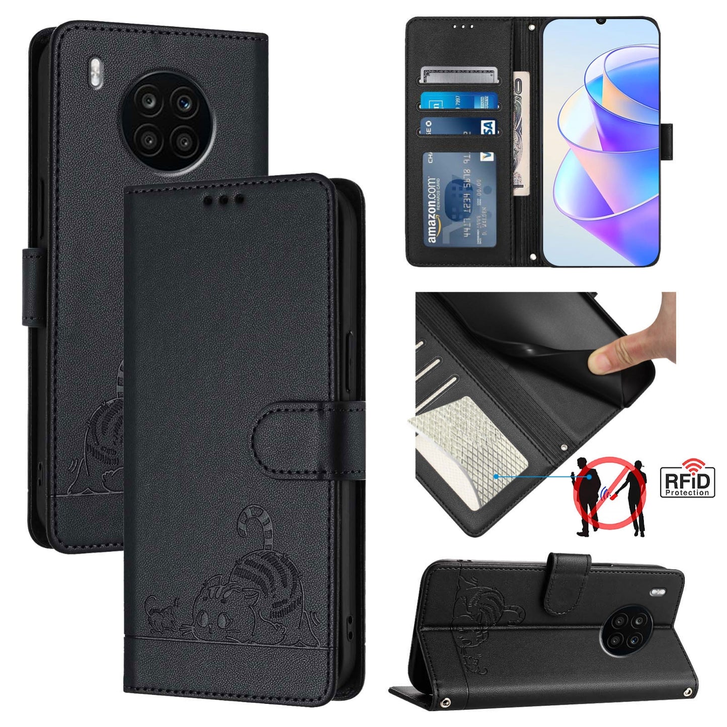 Honor 50 Lite Leather Phone Case with Cat and Rat Embossed Pattern, RFID Protection, Card Holder Slots, Anti-fall Feature & Lanyard