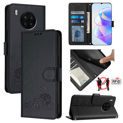 Honor 50 Lite Leather Phone Case with Cat and Rat Embossed Pattern, RFID Protection, Card Holder Slots, Anti-fall Feature & Lanyard