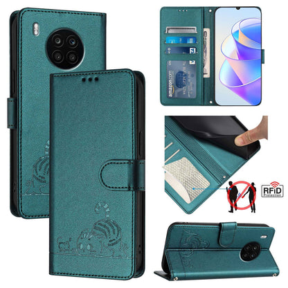 Honor 50 Lite Leather Phone Case with Cat and Rat Embossed Pattern, RFID Protection, Card Holder Slots, Anti-fall Feature & Lanyard