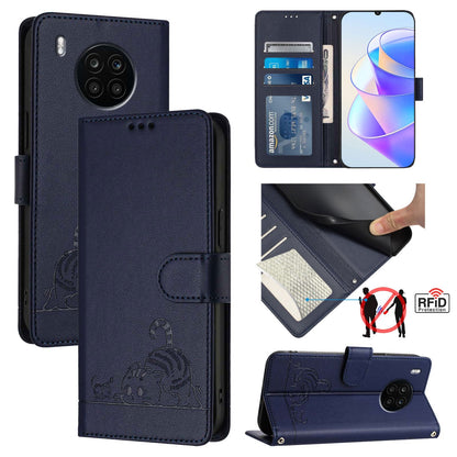 Honor 50 Lite Leather Phone Case with Cat and Rat Embossed Pattern, RFID Protection, Card Holder Slots, Anti-fall Feature & Lanyard