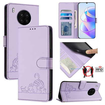 Honor 50 Lite Leather Phone Case with Cat and Rat Embossed Pattern, RFID Protection, Card Holder Slots, Anti-fall Feature & Lanyard
