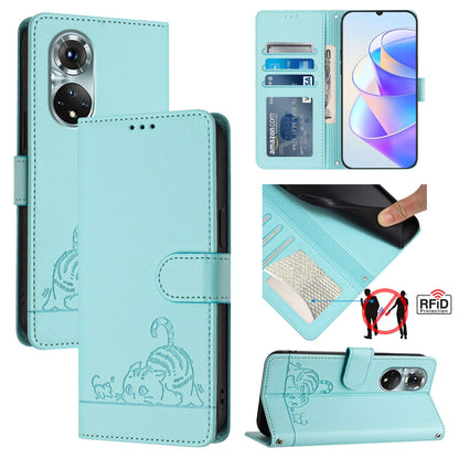 Honor 50 Pro Leather Phone Case with Cat and Rat Embossed Pattern, RFID Protection, Card Holder Slots, Anti-fall Feature & Lanyard