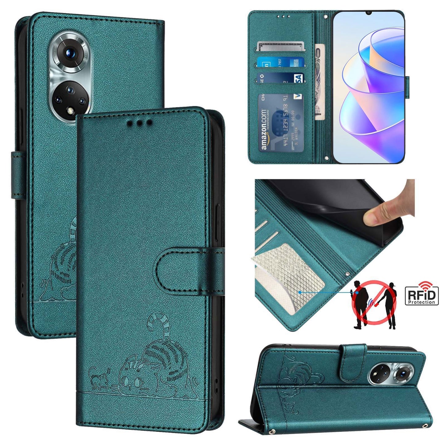 Honor 50 Pro Leather Phone Case with Cat and Rat Embossed Pattern, RFID Protection, Card Holder Slots, Anti-fall Feature & Lanyard