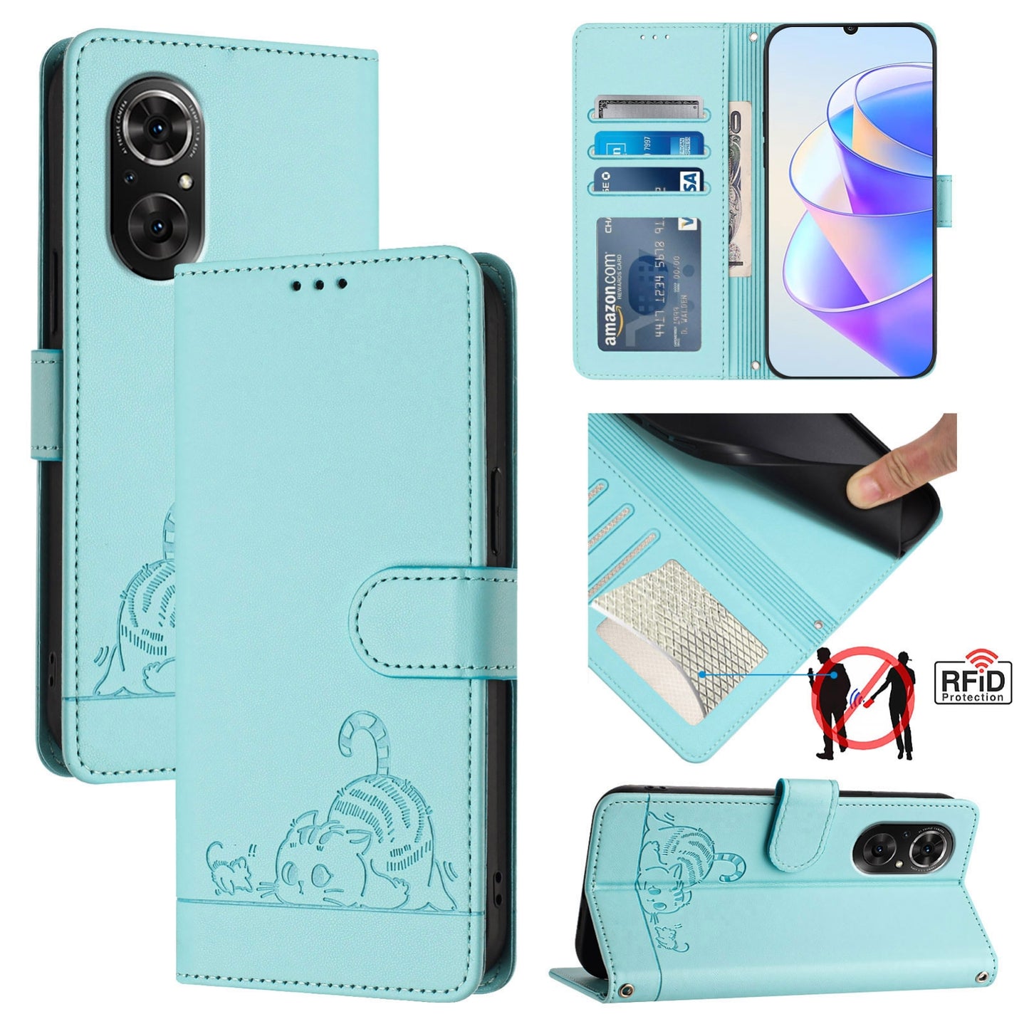 Honor 50 SE Leather Phone Case with Cat and Rat Embossed Pattern, RFID Protection, Card Holder Slots, Anti-fall Feature & Lanyard