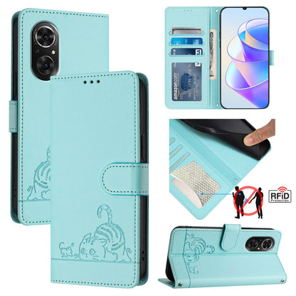 Honor 50 SE Leather Phone Case with Cat and Rat Embossed Pattern, RFID Protection, Card Holder Slots, Anti-fall Feature & Lanyard