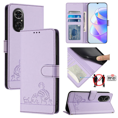 Honor 50 SE Leather Phone Case with Cat and Rat Embossed Pattern, RFID Protection, Card Holder Slots, Anti-fall Feature & Lanyard