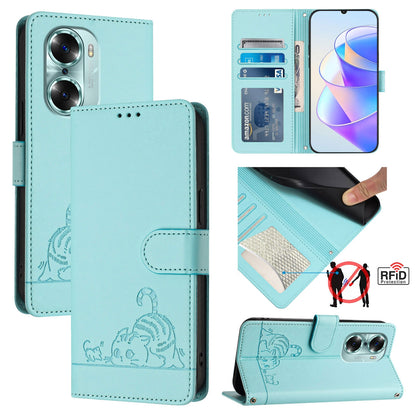 Honor 60 5G Leather Phone Case with Cat and Rat Embossed Pattern, RFID Protection, Card Holder Slots, Anti-fall Feature & Lanyard