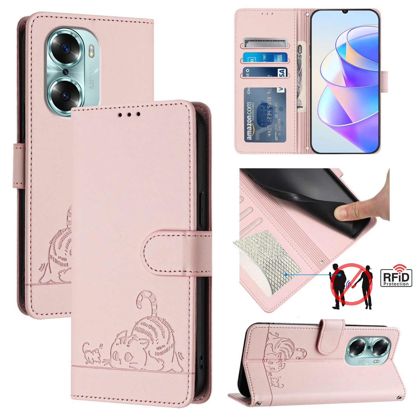 Honor 60 5G Leather Phone Case with Cat and Rat Embossed Pattern, RFID Protection, Card Holder Slots, Anti-fall Feature & Lanyard