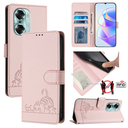 Honor 60 5G Leather Phone Case with Cat and Rat Embossed Pattern, RFID Protection, Card Holder Slots, Anti-fall Feature & Lanyard
