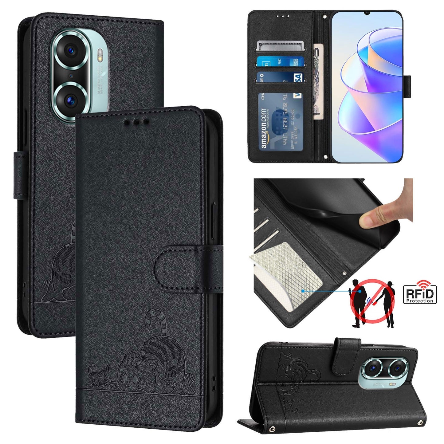 Honor 60 Pro 5G Leather Phone Case with Cat and Rat Embossed Pattern, RFID Protection, Card Holder Slots, Anti-fall Feature & Lanyard