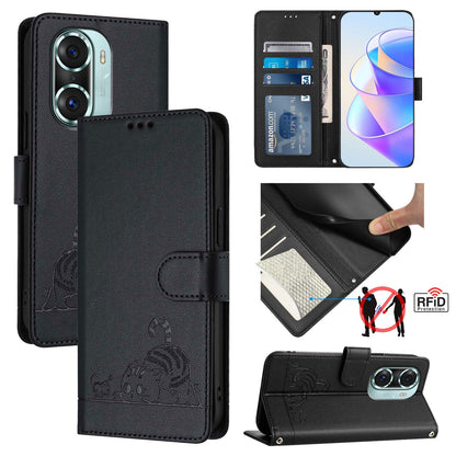 Honor 60 Pro 5G Leather Phone Case with Cat and Rat Embossed Pattern, RFID Protection, Card Holder Slots, Anti-fall Feature & Lanyard