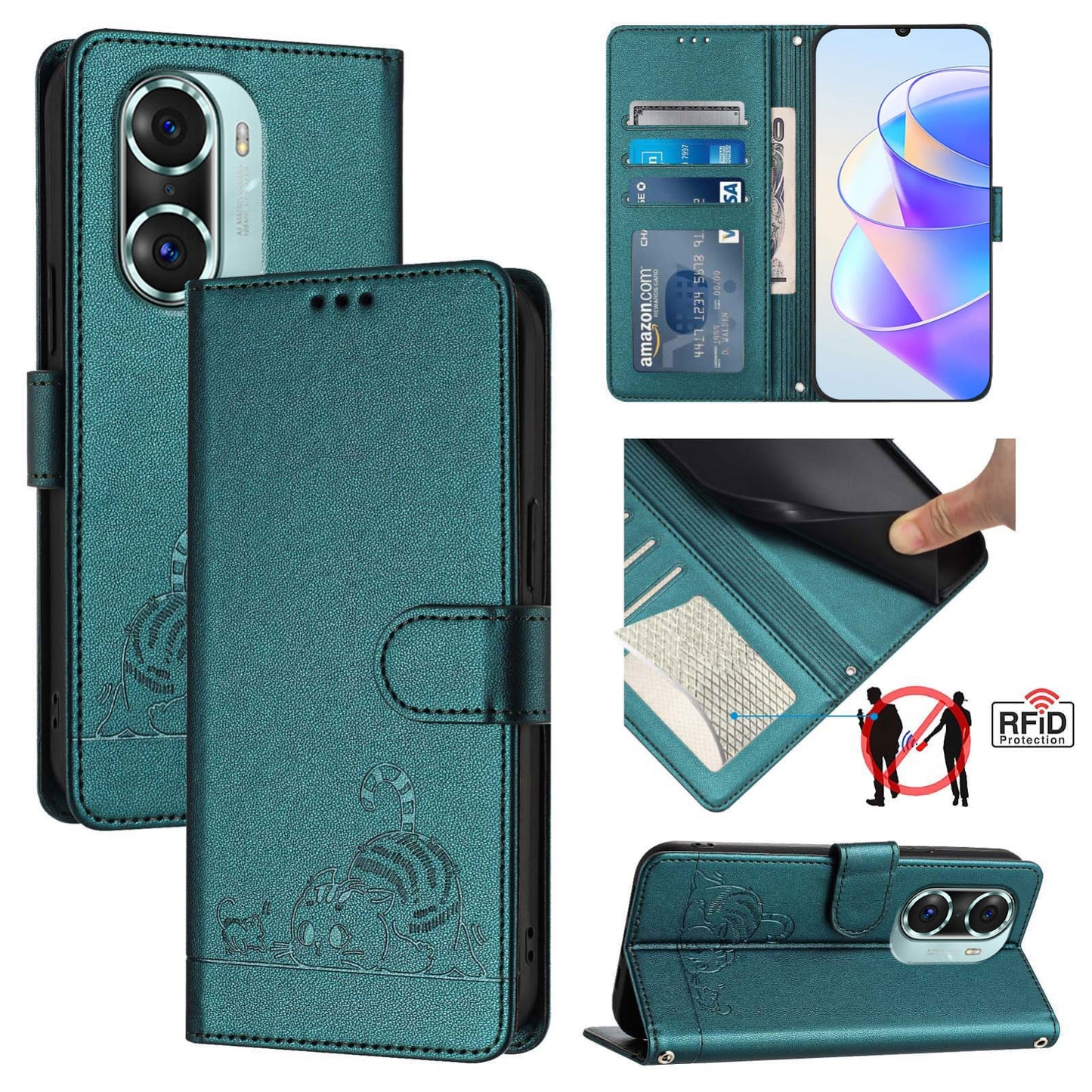 Honor 60 Pro 5G Leather Phone Case with Cat and Rat Embossed Pattern, RFID Protection, Card Holder Slots, Anti-fall Feature & Lanyard