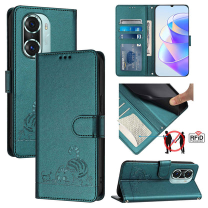Honor 60 Pro 5G Leather Phone Case with Cat and Rat Embossed Pattern, RFID Protection, Card Holder Slots, Anti-fall Feature & Lanyard