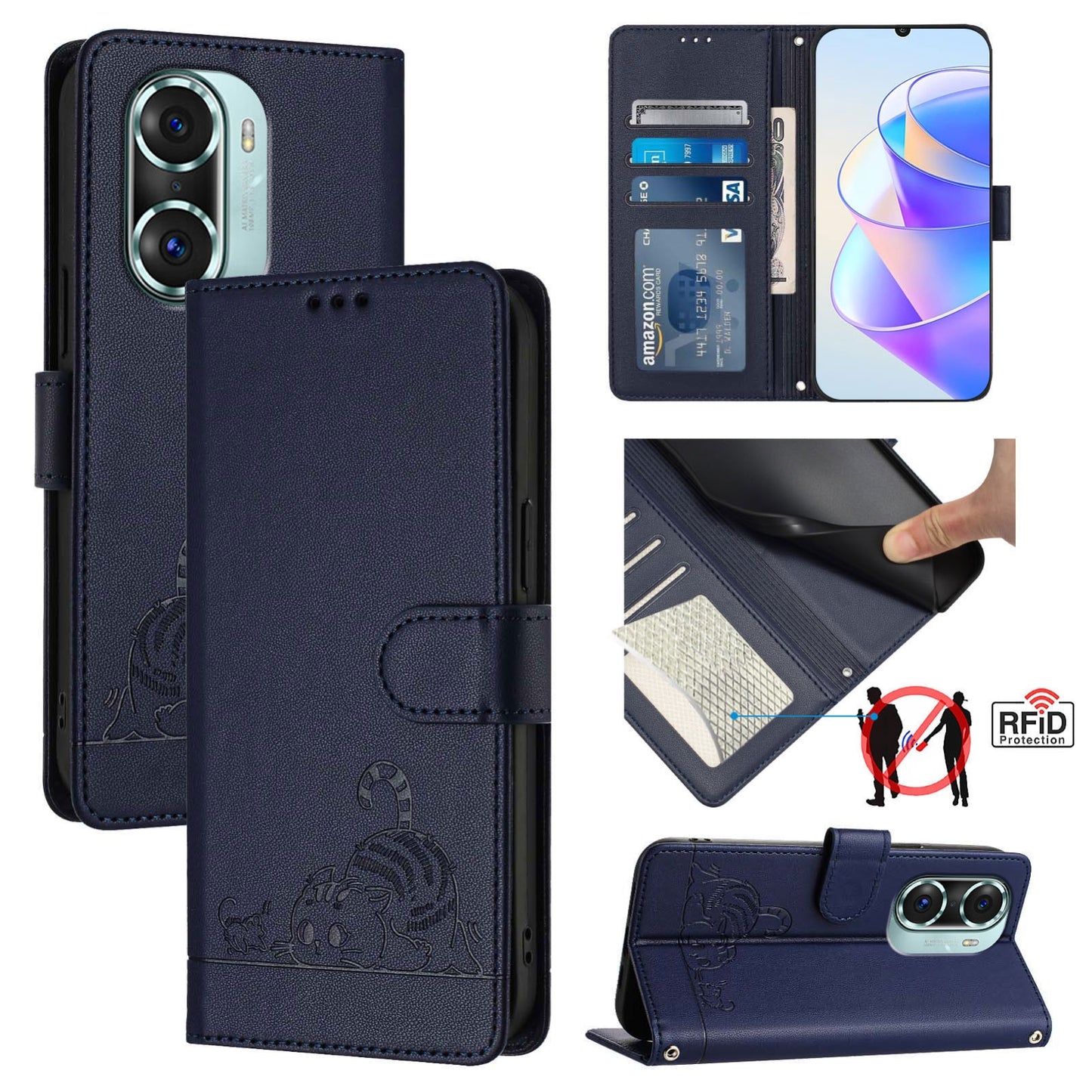 Honor 60 Pro 5G Leather Phone Case with Cat and Rat Embossed Pattern, RFID Protection, Card Holder Slots, Anti-fall Feature & Lanyard
