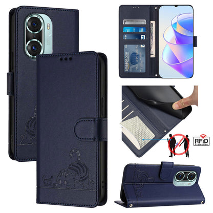 Honor 60 Pro 5G Leather Phone Case with Cat and Rat Embossed Pattern, RFID Protection, Card Holder Slots, Anti-fall Feature & Lanyard