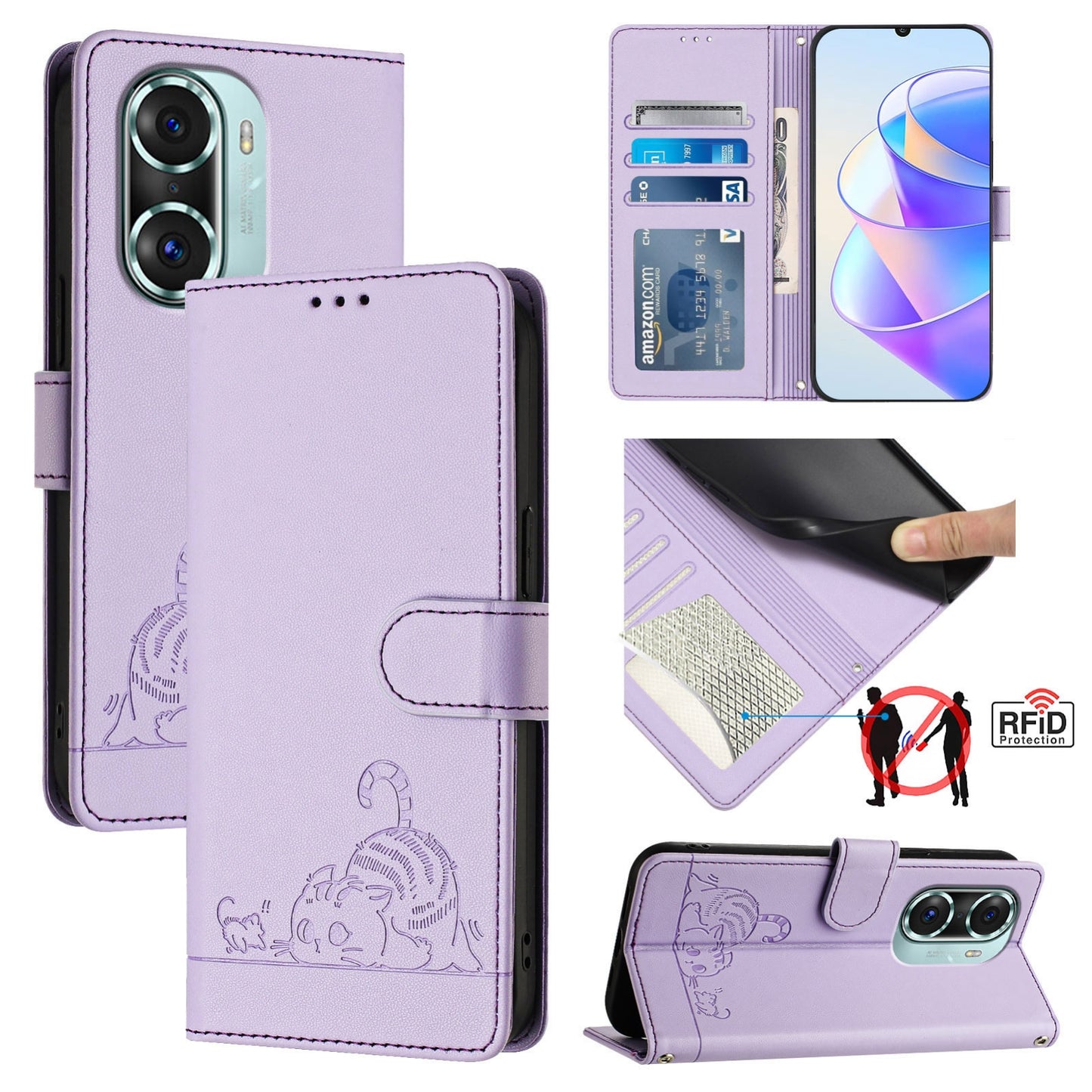Honor 60 Pro 5G Leather Phone Case with Cat and Rat Embossed Pattern, RFID Protection, Card Holder Slots, Anti-fall Feature & Lanyard