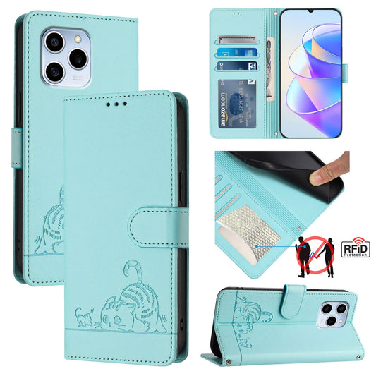 Honor 60 SE 5G Leather Phone Case with Cat and Rat Embossed Pattern, RFID Protection, Card Holder Slots, Anti-fall Feature & Lanyard