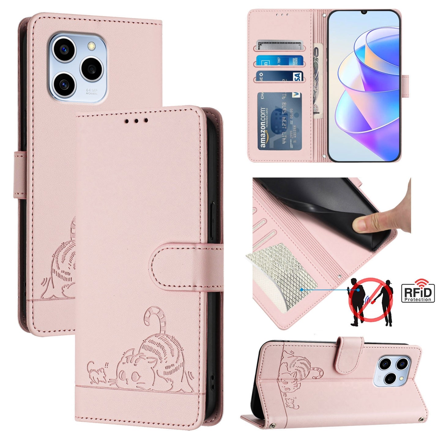 Honor 60 SE 5G Leather Phone Case with Cat and Rat Embossed Pattern, RFID Protection, Card Holder Slots, Anti-fall Feature & Lanyard