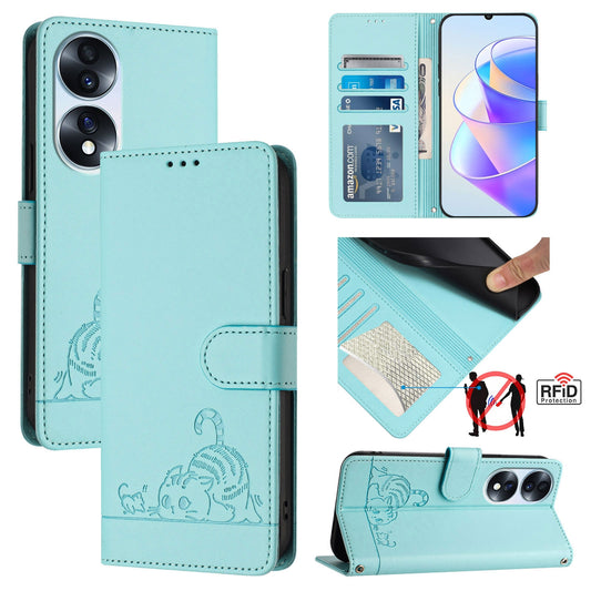 Honor 70 5G Leather Phone Case with Cat and Rat Embossed Pattern, RFID Protection, Card Holder Slots, Anti-fall Feature & Lanyard