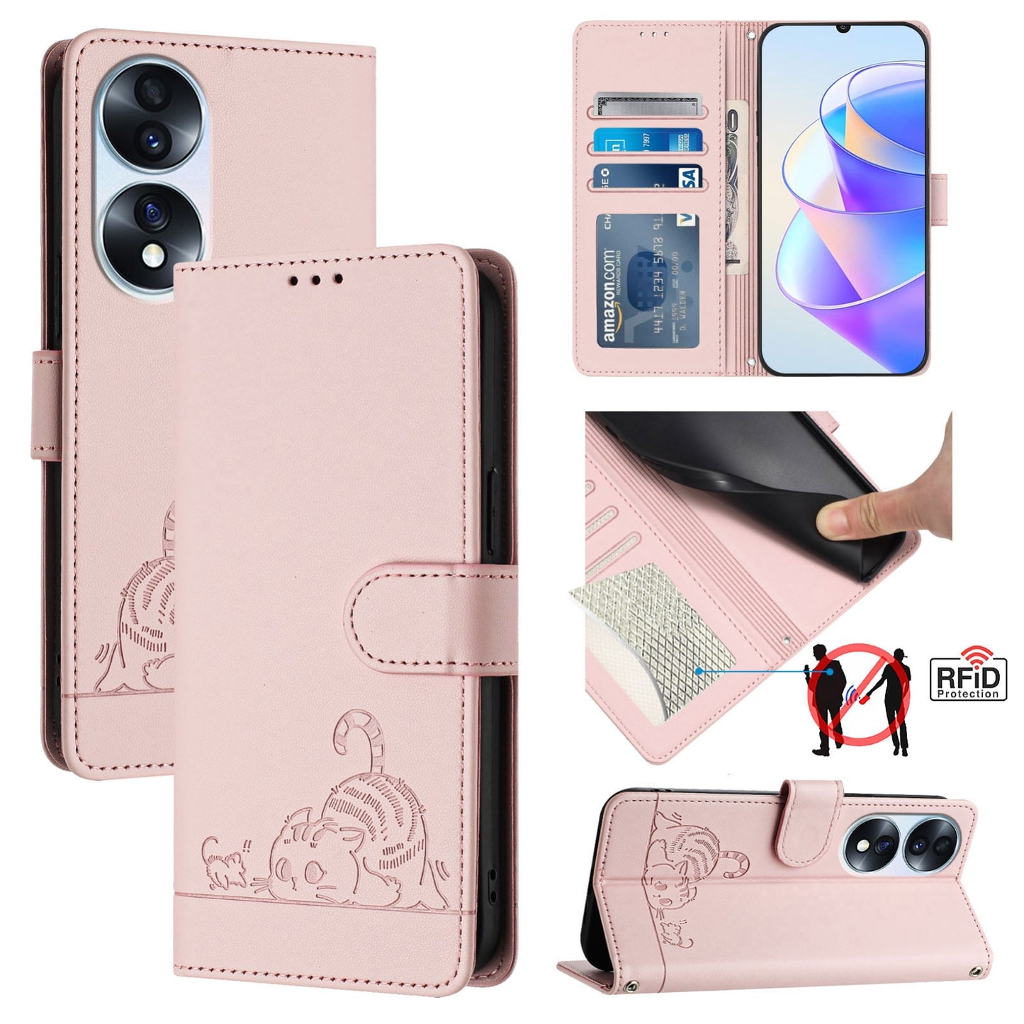 Honor 70 5G Leather Phone Case with Cat and Rat Embossed Pattern, RFID Protection, Card Holder Slots, Anti-fall Feature & Lanyard