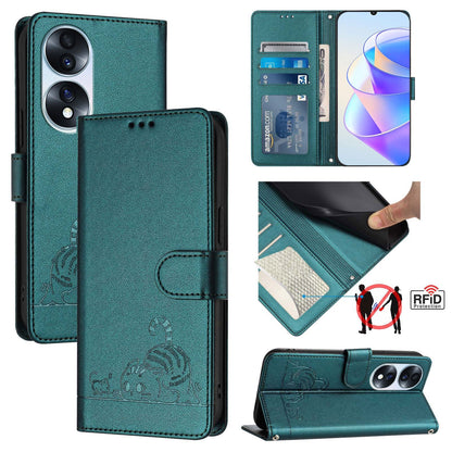 Honor 70 5G Leather Phone Case with Cat and Rat Embossed Pattern, RFID Protection, Card Holder Slots, Anti-fall Feature & Lanyard