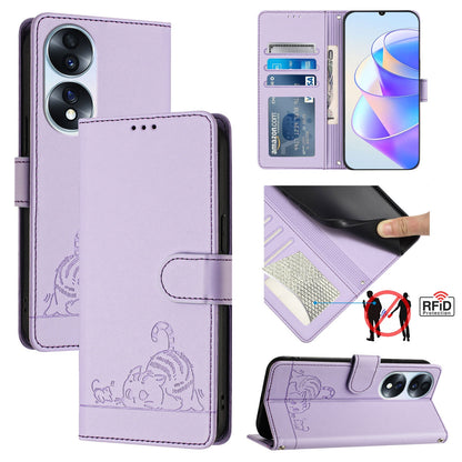 Honor 70 5G Leather Phone Case with Cat and Rat Embossed Pattern, RFID Protection, Card Holder Slots, Anti-fall Feature & Lanyard