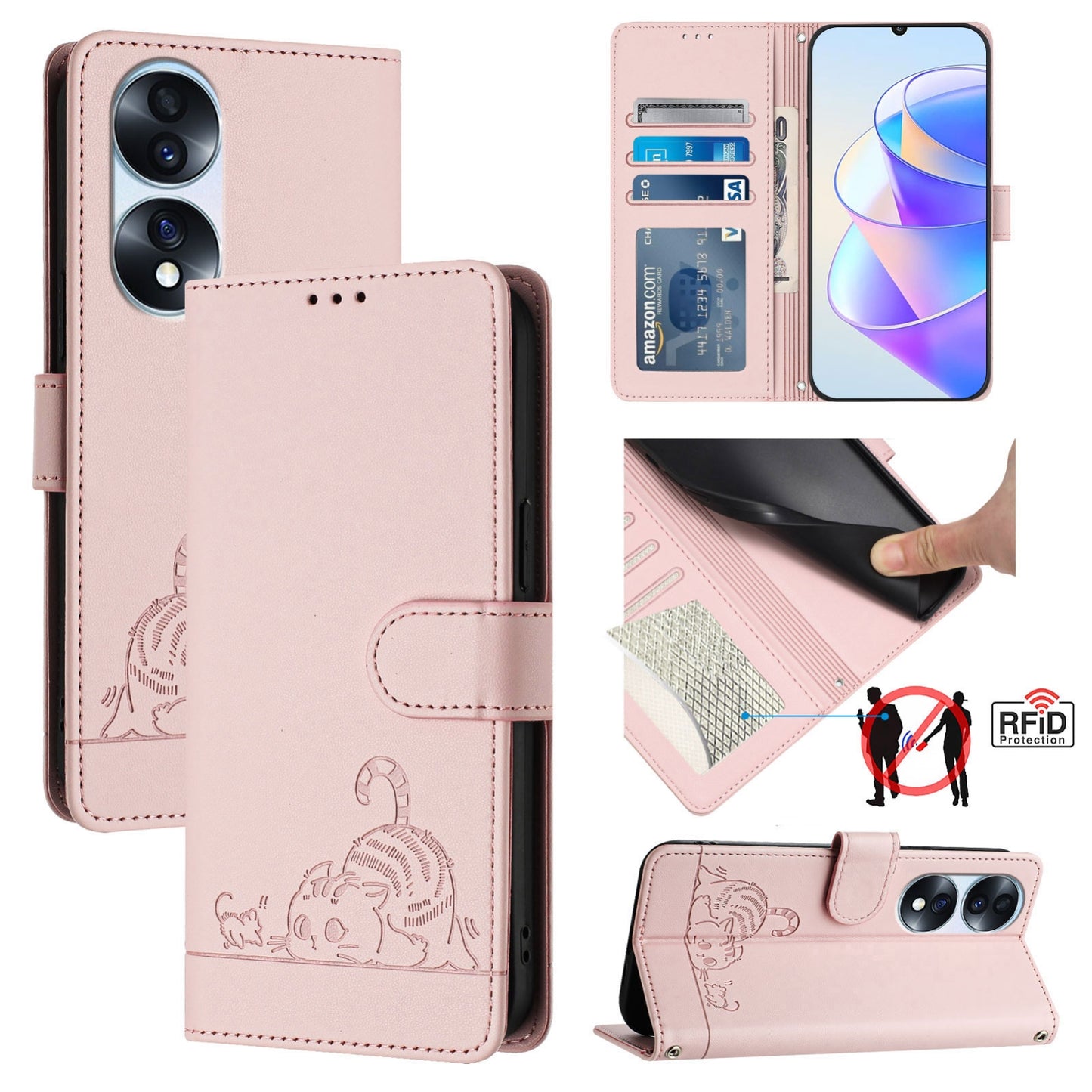 Honor 70 Pro 5G Leather Phone Case with Cat and Rat Embossed Pattern, RFID Protection, Card Holder Slots, Anti-fall Feature & Lanyard