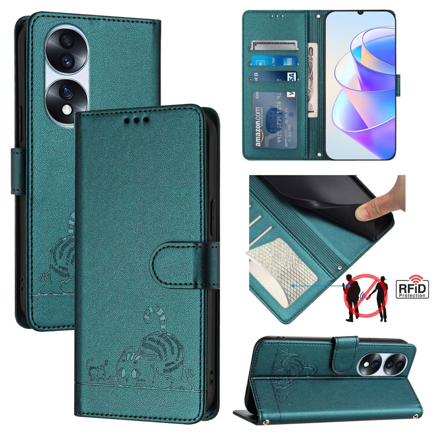 Honor 70 Pro 5G Leather Phone Case with Cat and Rat Embossed Pattern, RFID Protection, Card Holder Slots, Anti-fall Feature & Lanyard