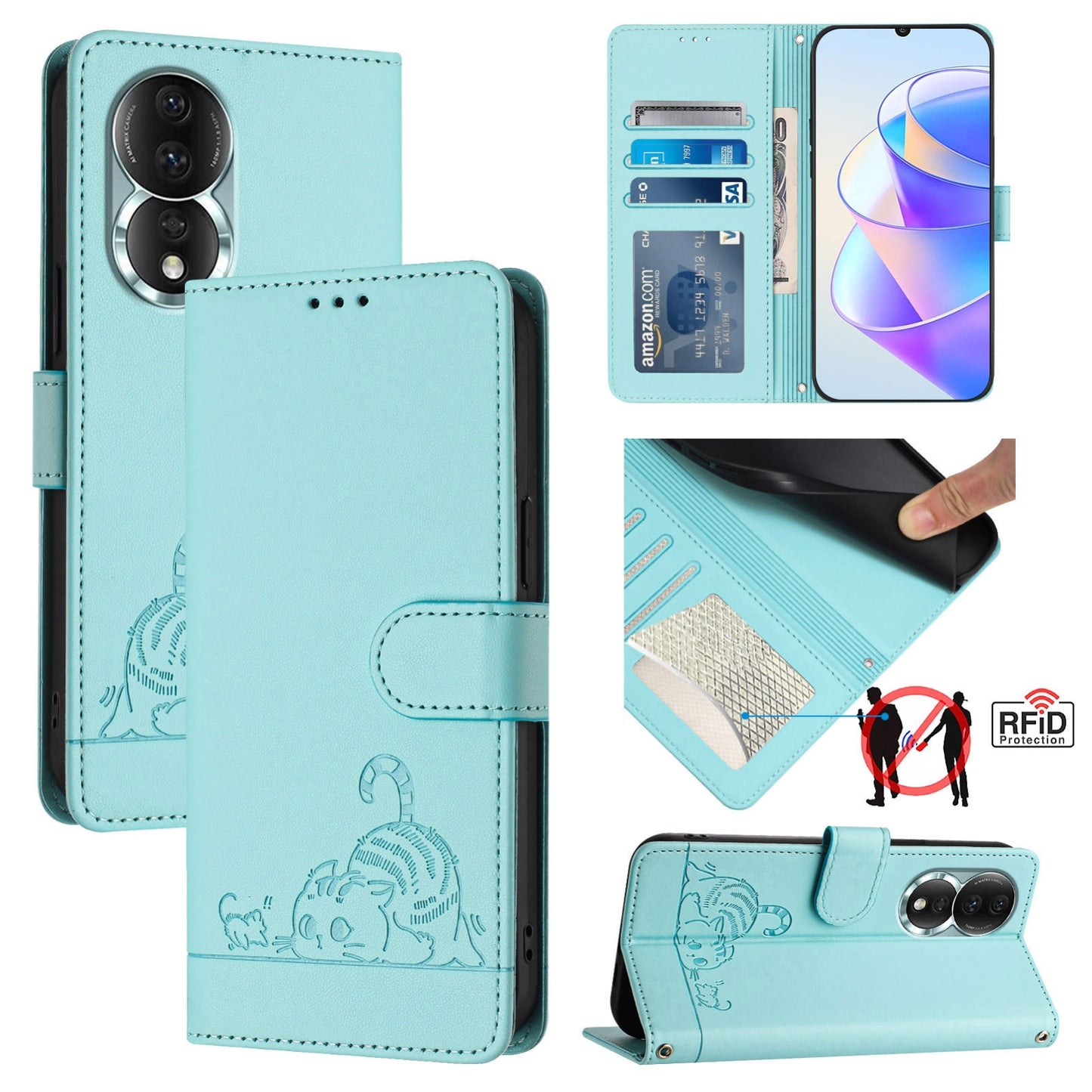 Honor 80 5G Leather Phone Case with Cat and Rat Embossed Pattern, RFID Protection, Card Holder Slots, Anti-fall Feature & Lanyard
