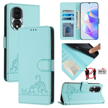 Honor 80 5G Leather Phone Case with Cat and Rat Embossed Pattern, RFID Protection, Card Holder Slots, Anti-fall Feature & Lanyard