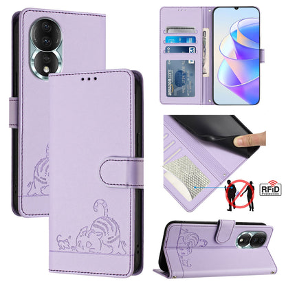 Honor 80 5G Leather Phone Case with Cat and Rat Embossed Pattern, RFID Protection, Card Holder Slots, Anti-fall Feature & Lanyard