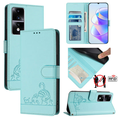 Honor 80 GT 5G Leather Phone Case with Cat and Rat Embossed Pattern, RFID Protection, Card Holder Slots, Anti-fall Feature & Lanyard