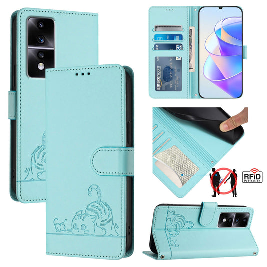 Honor 80 GT 5G Leather Phone Case with Cat and Rat Embossed Pattern, RFID Protection, Card Holder Slots, Anti-fall Feature & Lanyard