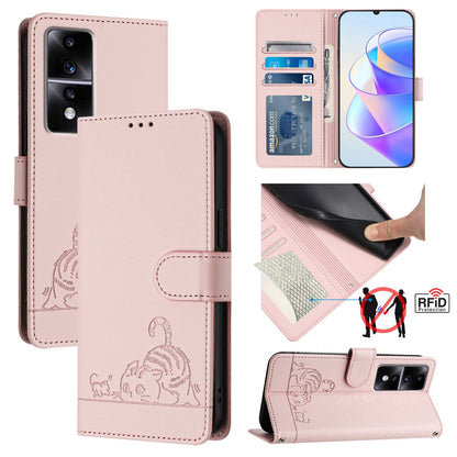 Honor 80 GT 5G Leather Phone Case with Cat and Rat Embossed Pattern, RFID Protection, Card Holder Slots, Anti-fall Feature & Lanyard