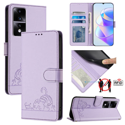 Honor 80 GT 5G Leather Phone Case with Cat and Rat Embossed Pattern, RFID Protection, Card Holder Slots, Anti-fall Feature & Lanyard