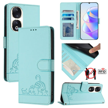 Honor 90 5G Leather Phone Case with Cat and Rat Embossed Pattern, RFID Protection, Card Holder Slots, Anti-fall Feature & Lanyard
