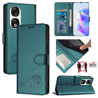 Honor 90 5G Leather Phone Case with Cat and Rat Embossed Pattern, RFID Protection, Card Holder Slots, Anti-fall Feature & Lanyard